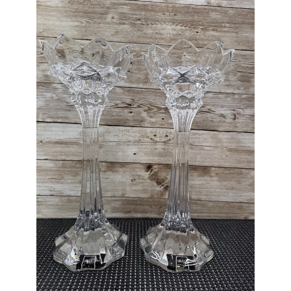 Mikasa Diamond Point Pair Crystal NIB candle holder XY 143/339 NEW In Box